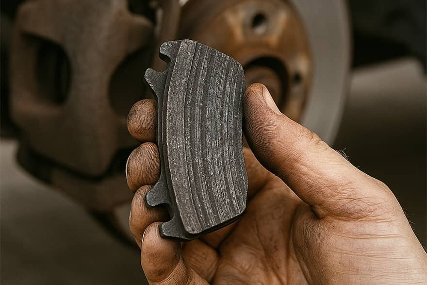 لنت ترمز فرسوده در دست مکانیک کنار دیسک ترمز خودرو؛ نمایش علائم خرابی لنت و نیاز به تعویض در پژو ۲۰۶ تیپ ۵.