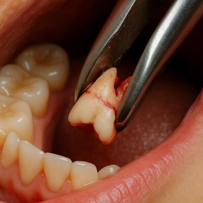 کشیدن دندان نهفته با بی‌حسی در فک پایین و ابزار جراحی دندانپزشکی