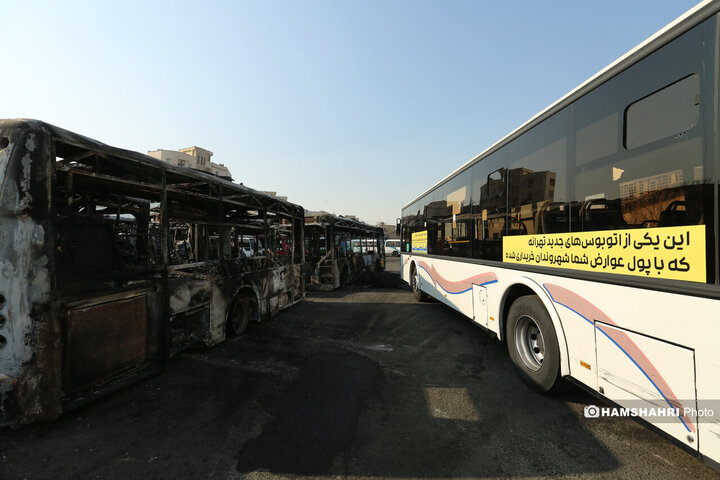 آسیب و تخریب به اتوبوس های عمومی در جریان اغتشاشات در تهران