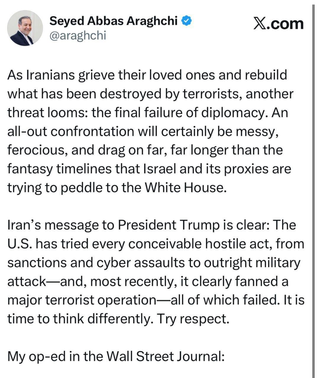 عراقچی خطاب به ترامپ: همه گزینه‌های شما شکست خورده‌اند، زمان آن فرا رسیده...