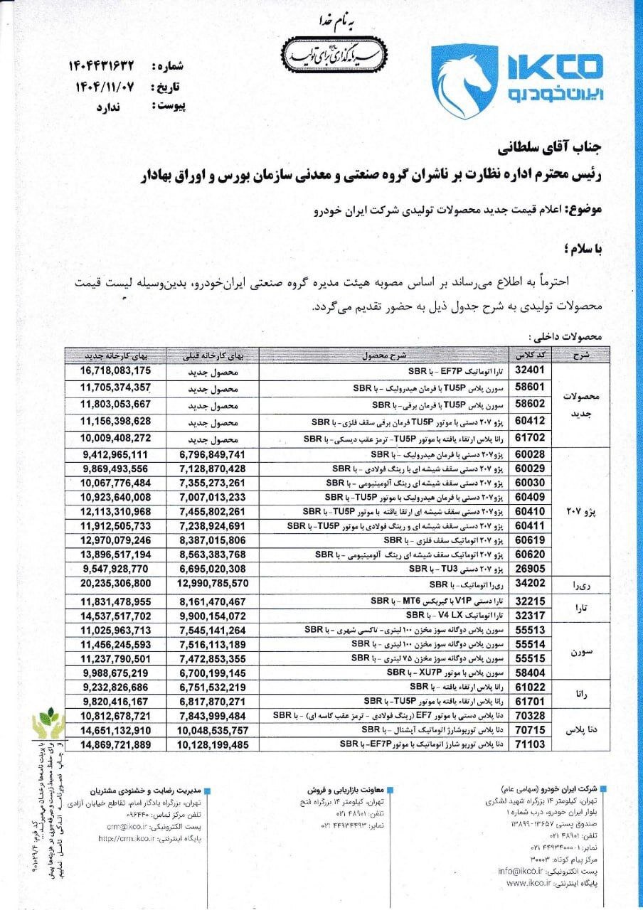 ایران خودرو ناگهان گران کرد؛ ۲۰۷، تارا، دنا، سورن و هایما چند درصد گران شدند؟ | جدول قیمت