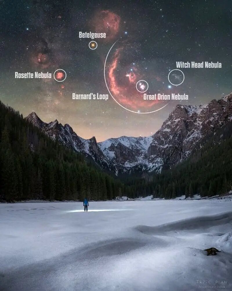 آسمان شب شکارچی در کوه‌های یخ‌زده | عکس