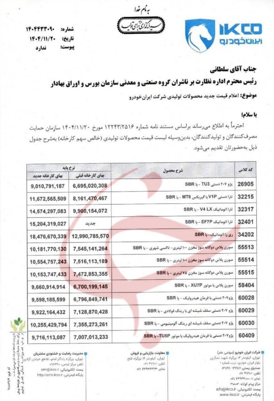 ایران خودرو بالاخره قیمت ها را اصلاح کرد؛ قیمت ۲۰۷، تارا، سورن و ری را چقدر گران شد؟ + جزئیات