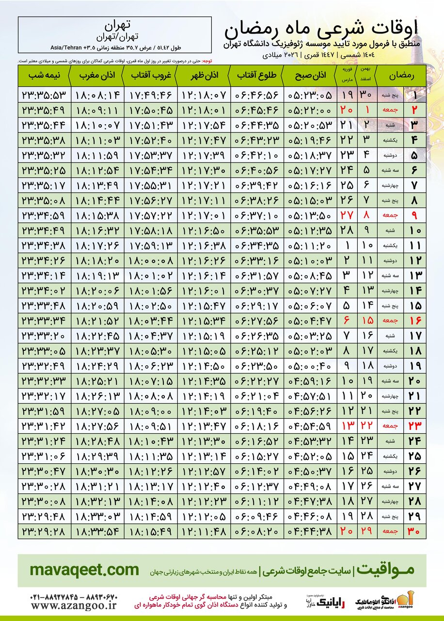 جدول کامل اوقات شرعی به افق تهران در ماه رمضان ۱۴۰۴
