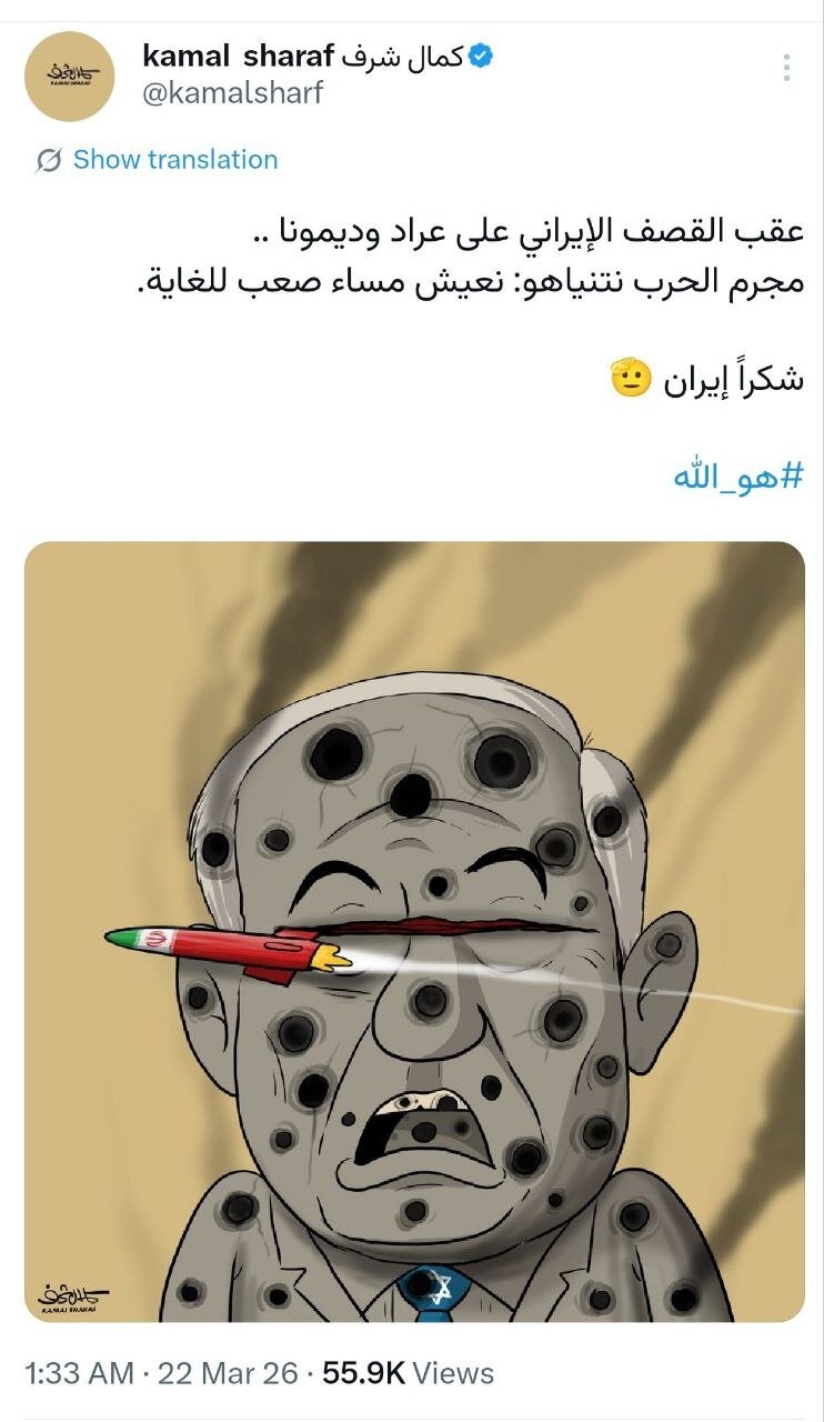 کاریکاتور هنرمند معروف در واکنش به حمله موشکی ایران به عراد و دیمونا