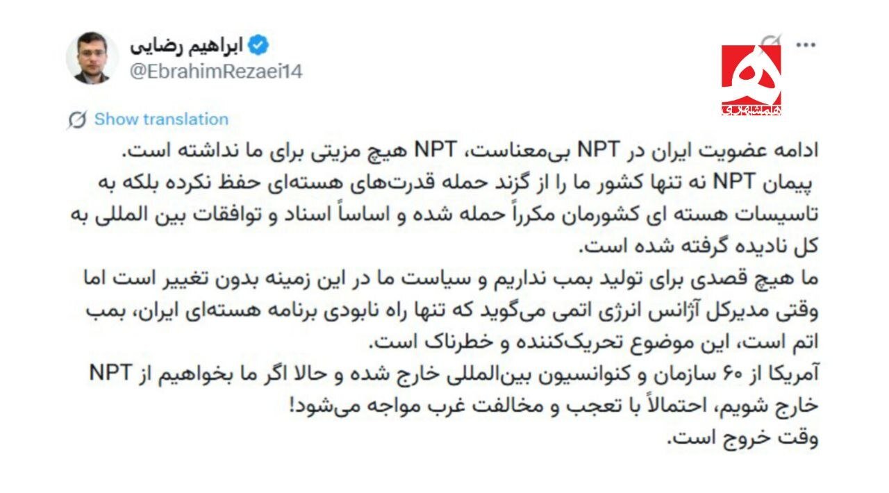 ادامه عضویت ایران در NPT بی‌معناست
