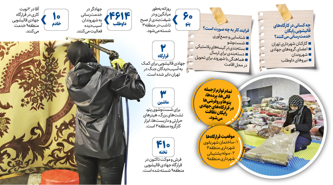 قالیشویی رایگان برای آسیبدیدگان جنگ