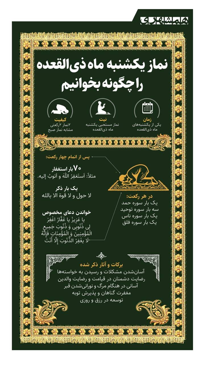 نماز یکشنبه ماه ذی القعده را چگونه بخوانیم + اینفوگرافیک