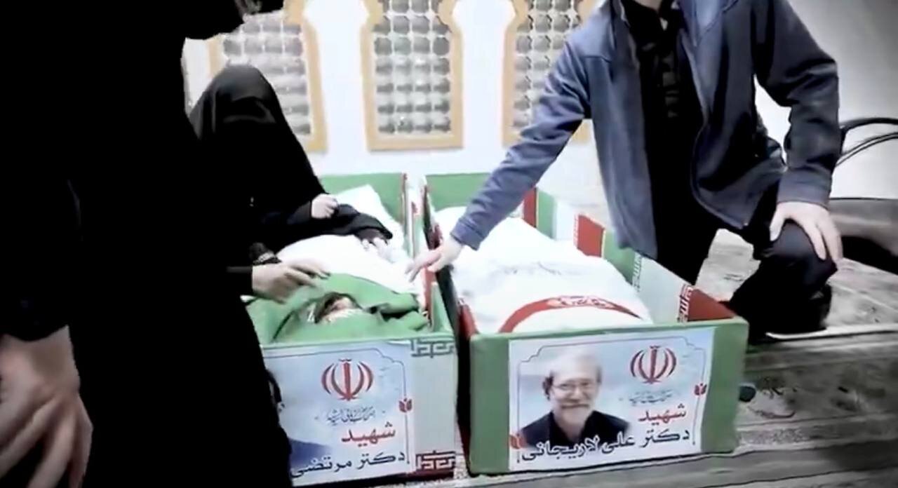 تصویری دیده نشده از پیکر شهید لاریجانی و پسرش در معراج شهدا
