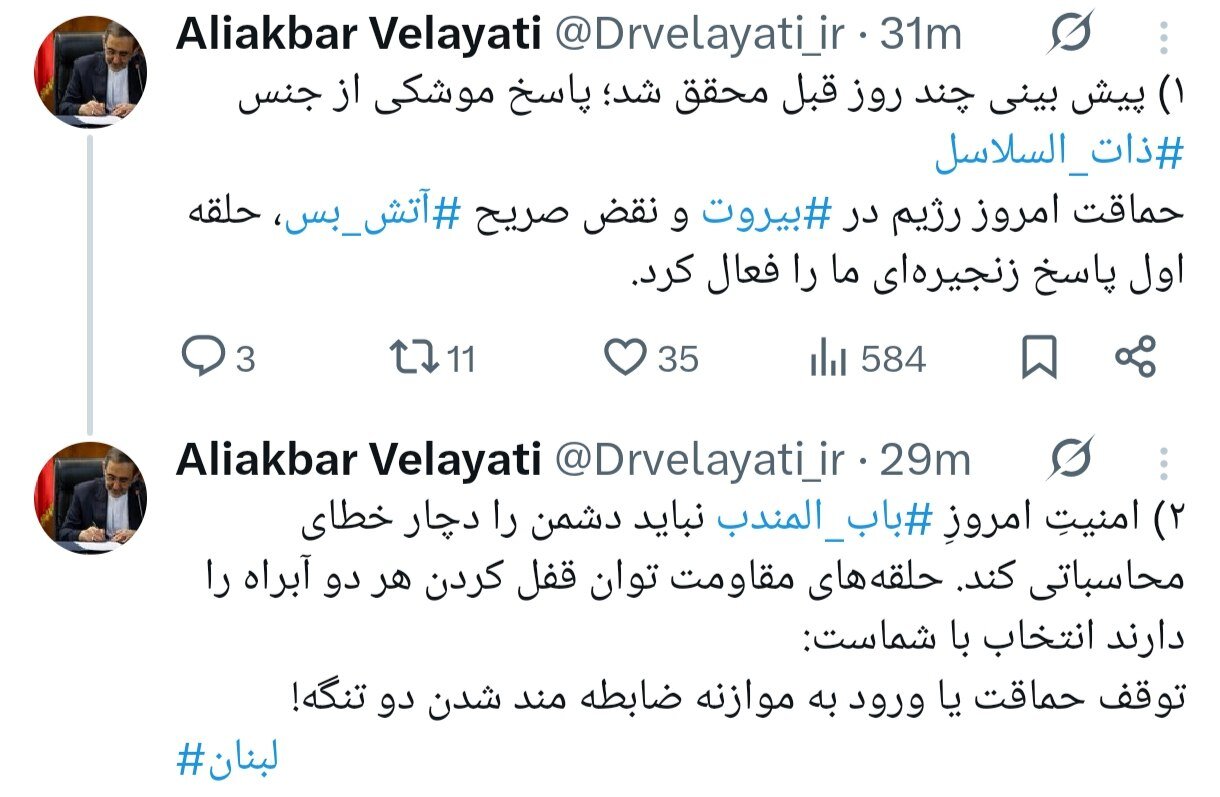 پیام تهدید آمیز مشاور رهبر انقلاب؛ انتخاب با شماست: توقف حماقت یا...| حلقه اول پاسخ زنجیرهای ما را فعال شد
