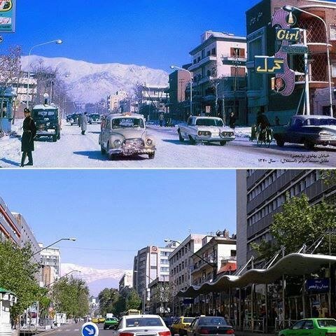 تصویری رنگی از خیابان ولیعصر تهران دهه ۴۰ ، کنار چهره امروزش