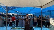غزه در سوگ قائد شهید+ تصاویر | نماز برای امام مستضعفین در چادر آوارگان غزه