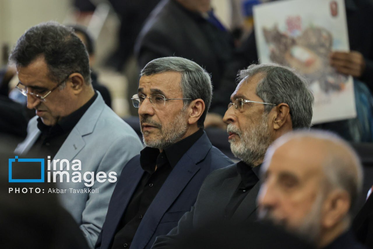 Mahmoud Ahmadinejad at the ceremony commemorating Ayatollah Khamenei, the martyred leader of Iran