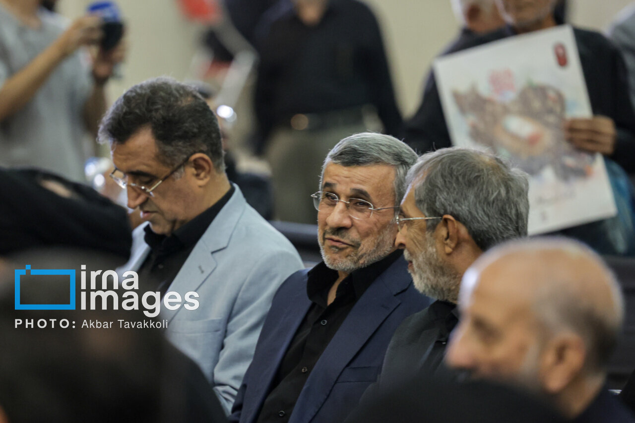 Mahmoud Ahmadinejad at the ceremony commemorating Ayatollah Khamenei, the martyred leader of Iran