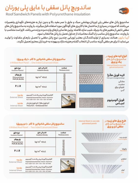 ساندویچ پانل سقفی با عایق پلی یورتان 3 گام و 5 گام