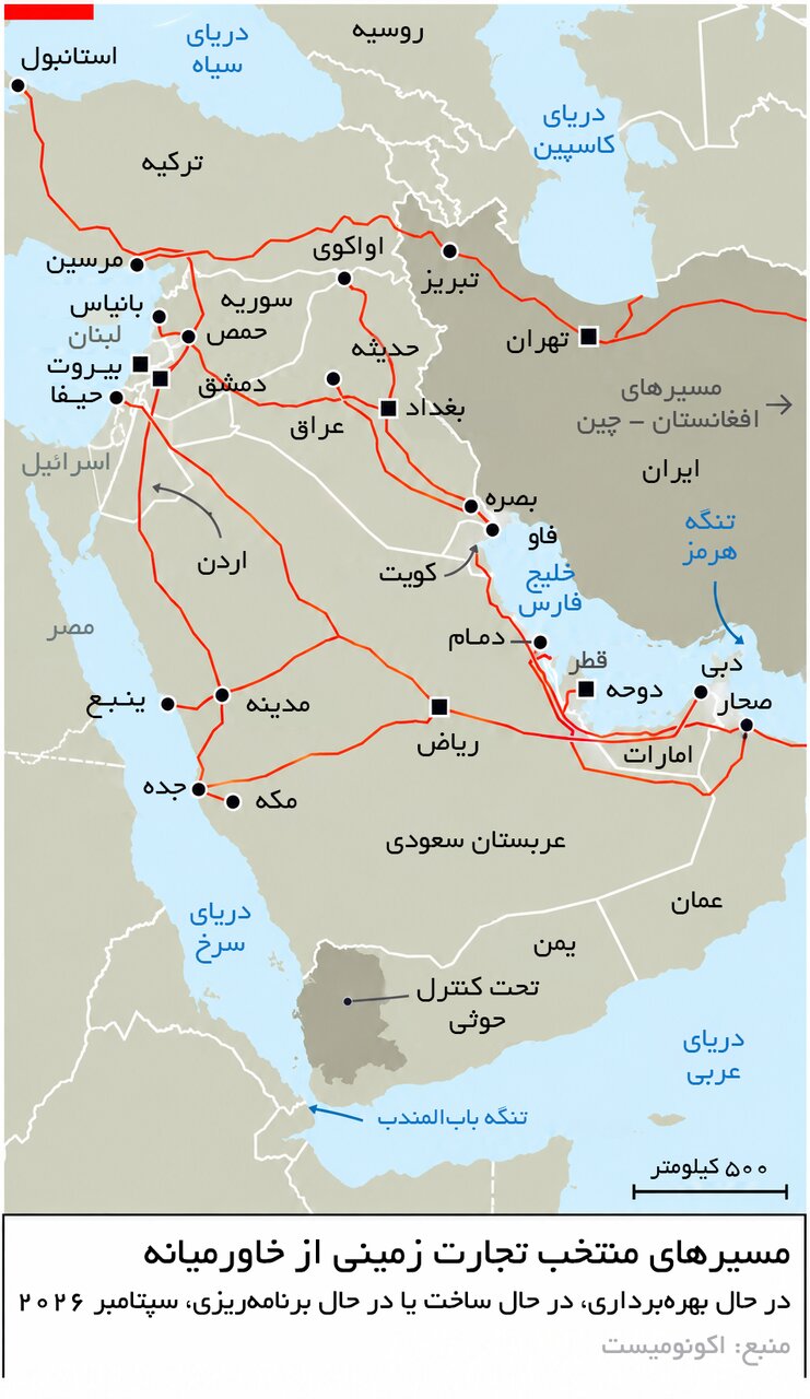 نقشه مسیرهای تجاری خاورمیانه؛ از تنگه هرمز تا راههای زمینی جایگزین