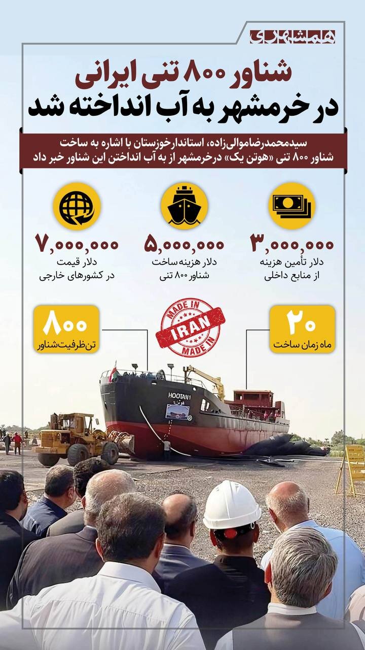 شناور ۸۰۰ تنی ایرانی در خرمشهر به آب انداخته شد